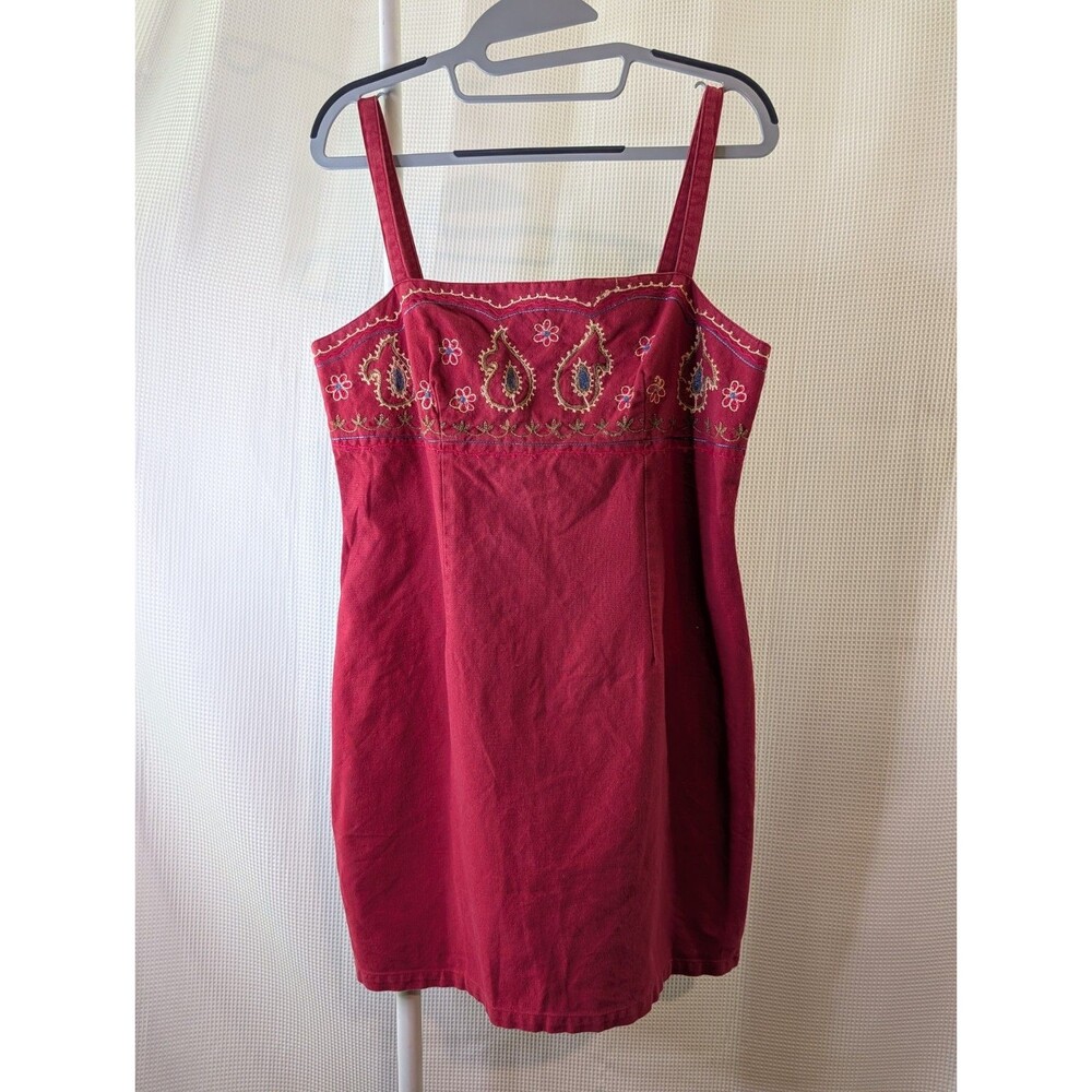 Vintage Y2K Sundress Embroidered Red Mini Strap Sleeveless 90s Sz SM (D01)